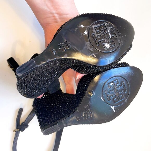 Tory Burch Black Lila Embellished Wedge Heels, Size 6 - Picture 6 of 10